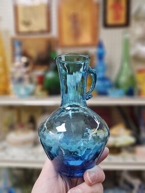 Vintage Hand Blown Aqua Blue Glass Mini Pitcher Handle Cruet Vase